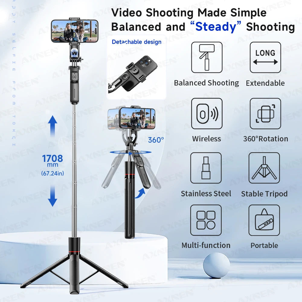 F16 Selfie Stick Tripod with 1708mm Long 8-Section Pole, Bluetooth Remote, 360° Rotation, 1/4 Interface, for Phone Camera Vlog Trekker Essentials