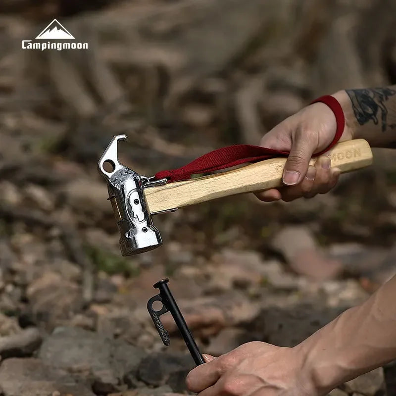 Martillo de desbaste para acampar al aire libre - Acero inoxidable con mango de madera, martillo de clavos fijo para carpa con cuerda de seguridad