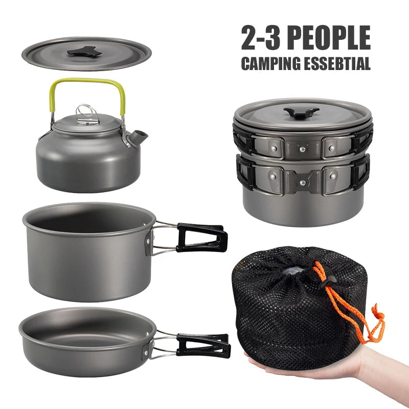 Aluminum Camping Cookware Set – Portable Outdoor Cooking Kit with Pot, Frying Pan & Kettle for 2–3 People Trekker Essentials