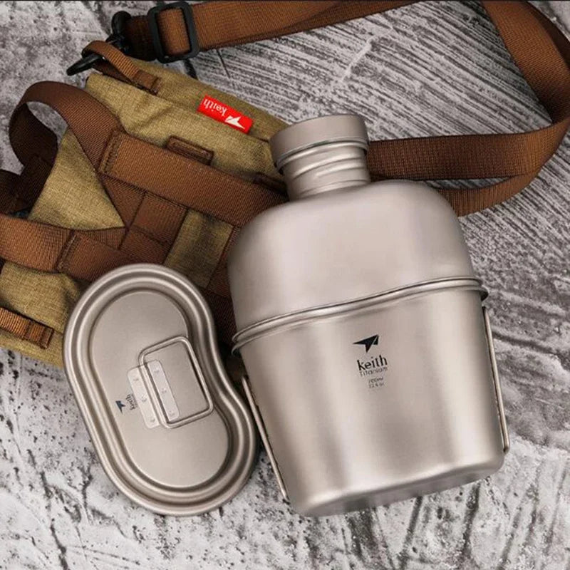 Keith Ti3060 Pure Titanium Canteen Mess Kit – Ultralight Camping Water Bottle & Cup Set with Carrying Pouch