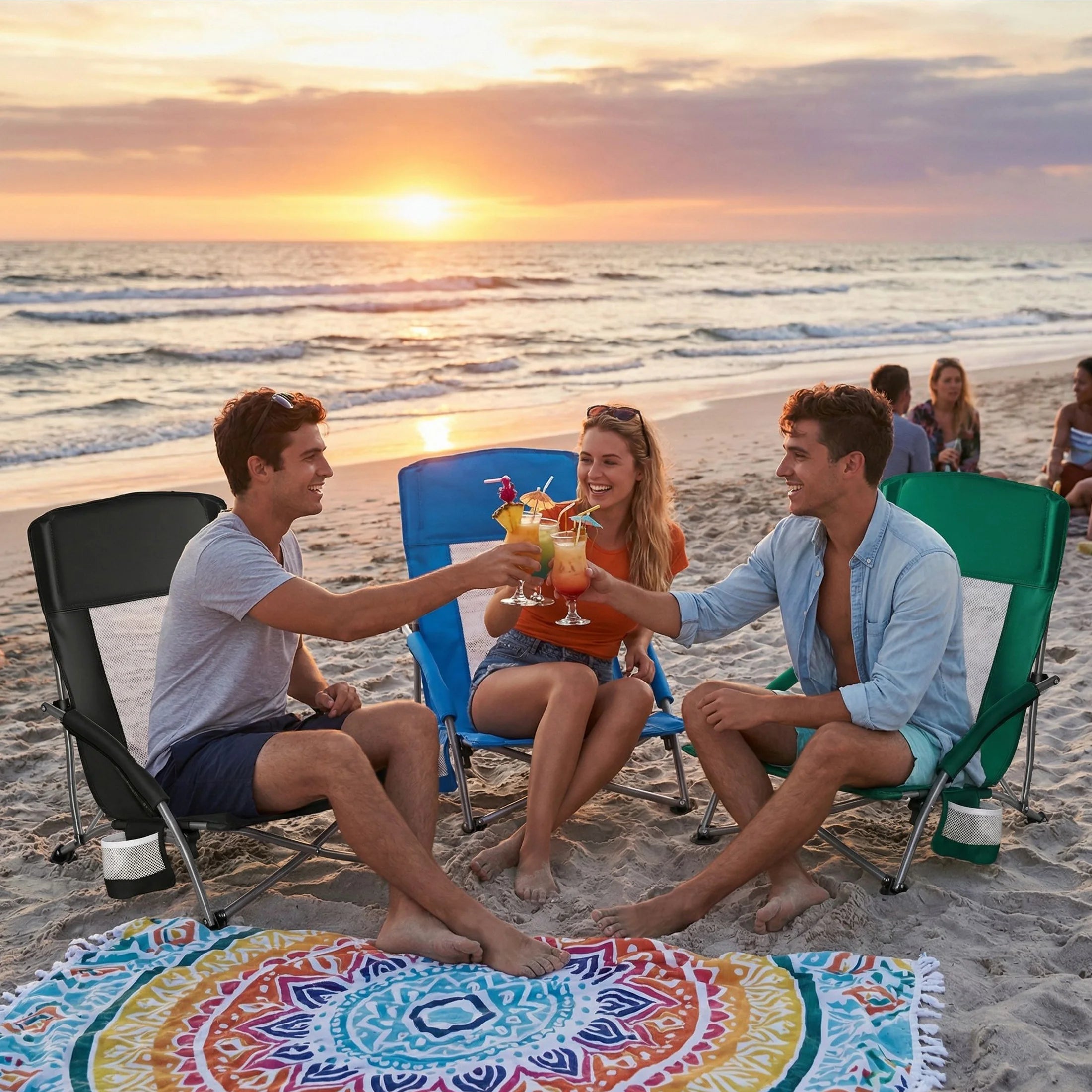 JHK Portable Lightweight Low Camping Beach Chair Mesh Back Padded Armrests Folding Beach Chair with Cup Holder Storage Pocket for Camp Picnic Lawn Trekker Essentials