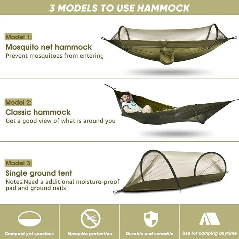 WESTTUNE 3 in 1 Camping Hammock with Mosquito Mesh Automatic Quick Opening Nylon Hammock Anti-Mosquito Hammock for Outdoor Trekker Essentials