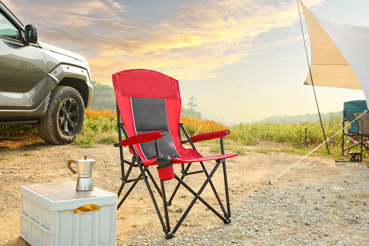 Outdoor Camping Chair, Portable Folding Lounge Moon Chair With Armrests, Drink Holder & Backrest For Outdoor Fishing Camping Trekker Essentials