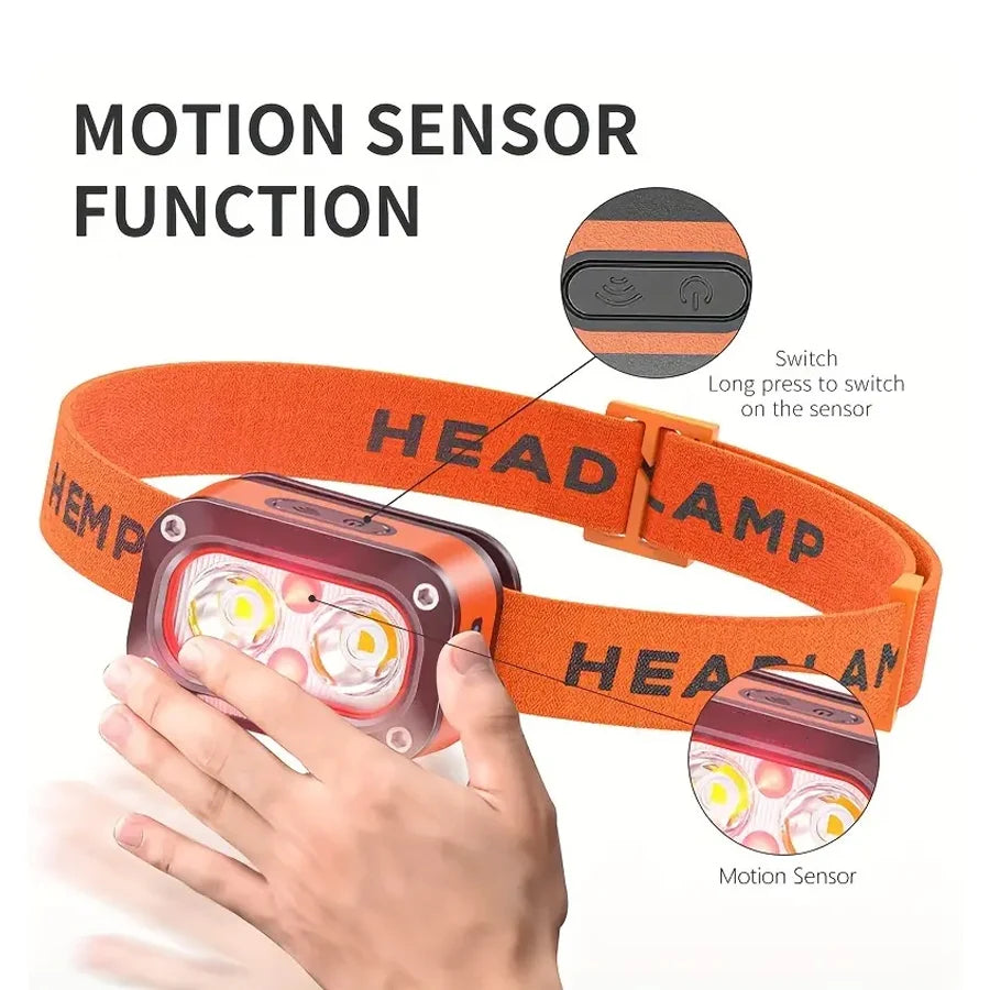Rechargeable Motion Sensor Headlamp - 45° Adjustable Hands-Free Light for Camping, Hiking & Fishing
