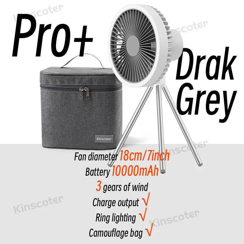 10000mAh Camping Fan Rechargeable Desktop Portable Air Circulator Wireless Ceiling Electric Fan with Power Bank LED Light Tripod Trekker Essentials