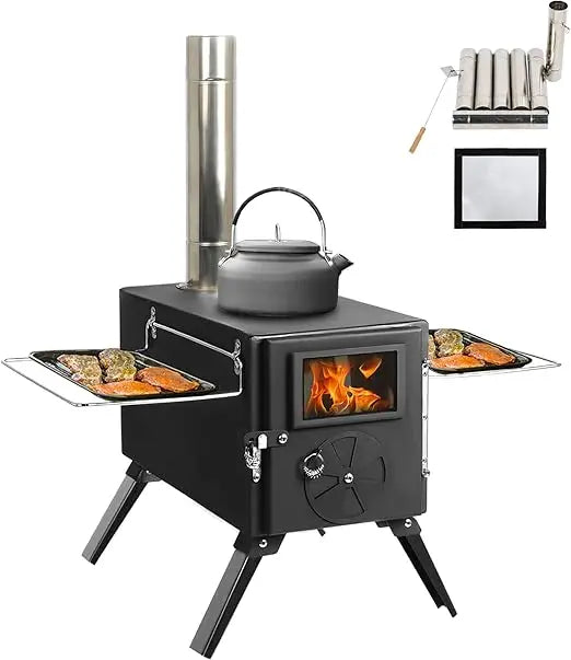 Portable Cast Iron Tent Stove with Jack & Chimney - Wood Burning Heater for Camping & Ice Fishing