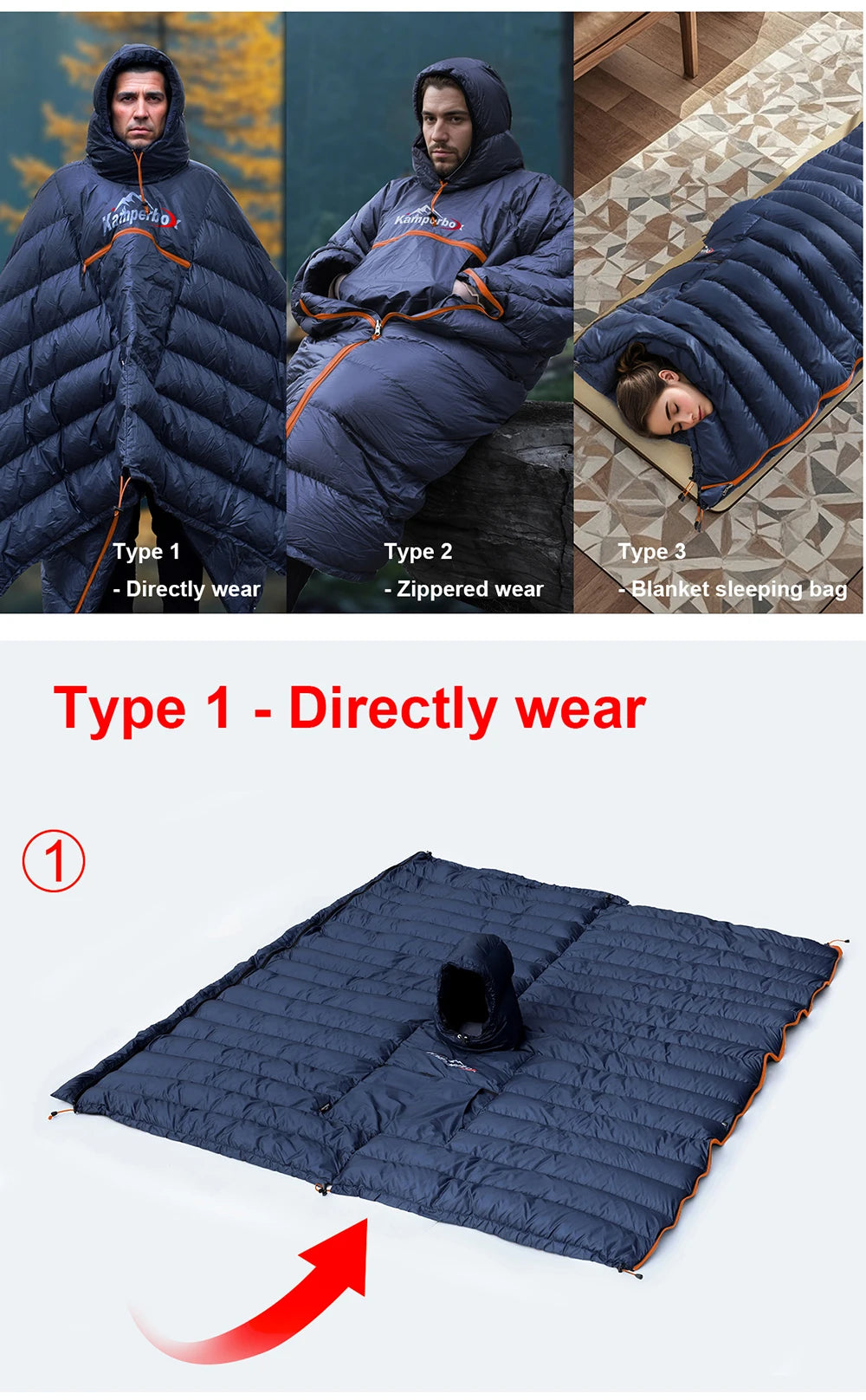 All-Season Wearable Sleeping Bag: 3-in-1 Poncho, Camping Blanket & Envelope Sleeping Bag for Adults