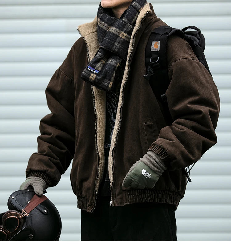 Vintage Polar Fleece Jacket Men's Winter Thick Loose Fit Streetwear Warm Coat