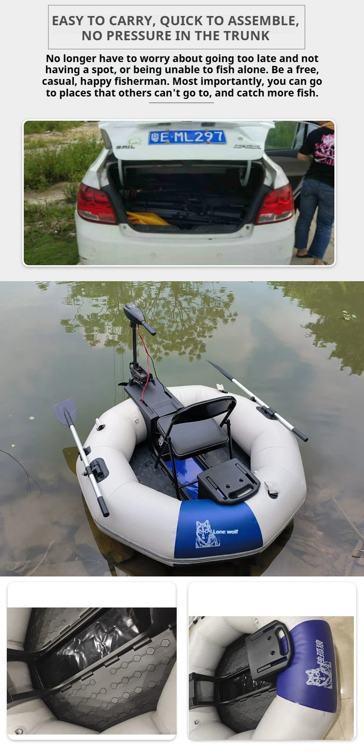 2-Minute Foldable Inflatable Fishing Boat with Electric Motor Port, 250kg Capacity Solo Pontoon Raft