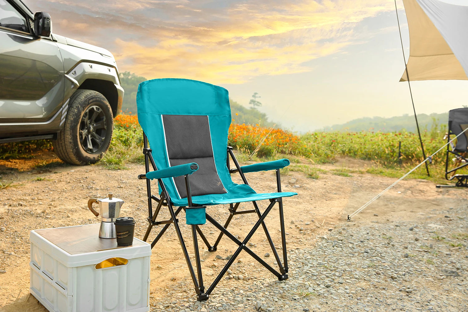 Outdoor Camping Chair, Portable Folding Lounge Moon Chair With Armrests, Drink Holder & Backrest For Outdoor Fishing Camping Trekker Essentials
