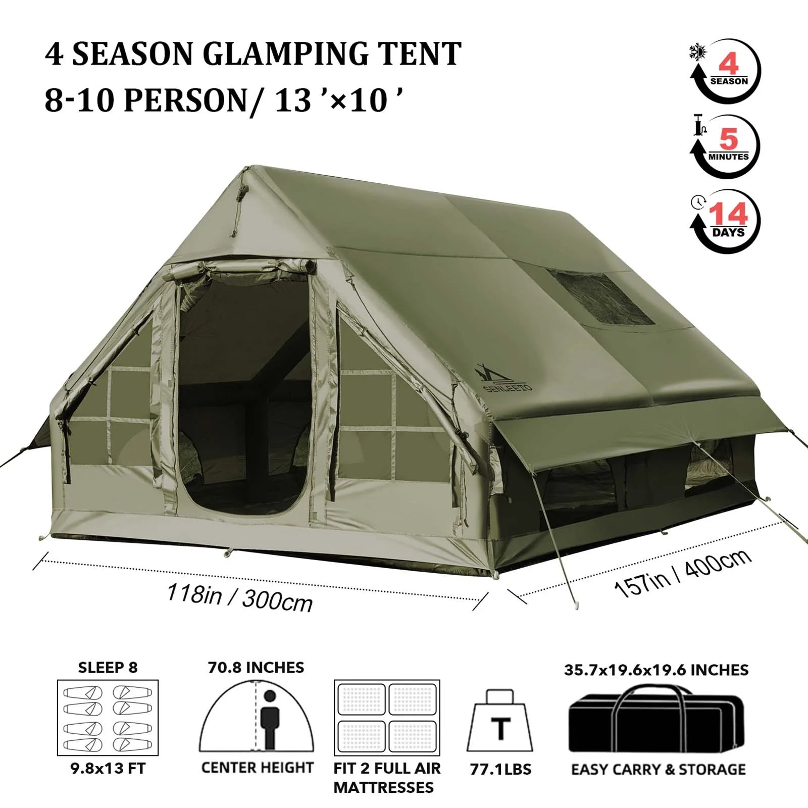 Portable Inflatable Camping Tent 2/4/6/8 Person for Family 420D Oxford Inflatable Tent House with Skylight 4 Seson Blow up Tent with Stove Jack AC Vent Mesh Window Trekker Essentials