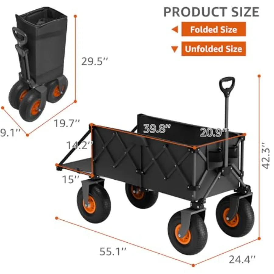 Beach Wagon with Big Wheels for Sand - Heavy Duty 10 Wheel Collapsible Wagons Foldable Large Wagon Cart Folding All Terrain for