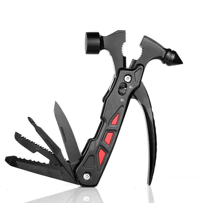 1 navaja multifunción para exteriores con forma de martillo de garra: herramienta de supervivencia de acero inoxidable con alicates, martillo de camping, sacaclavos y herramienta de rescate de emergencia.
