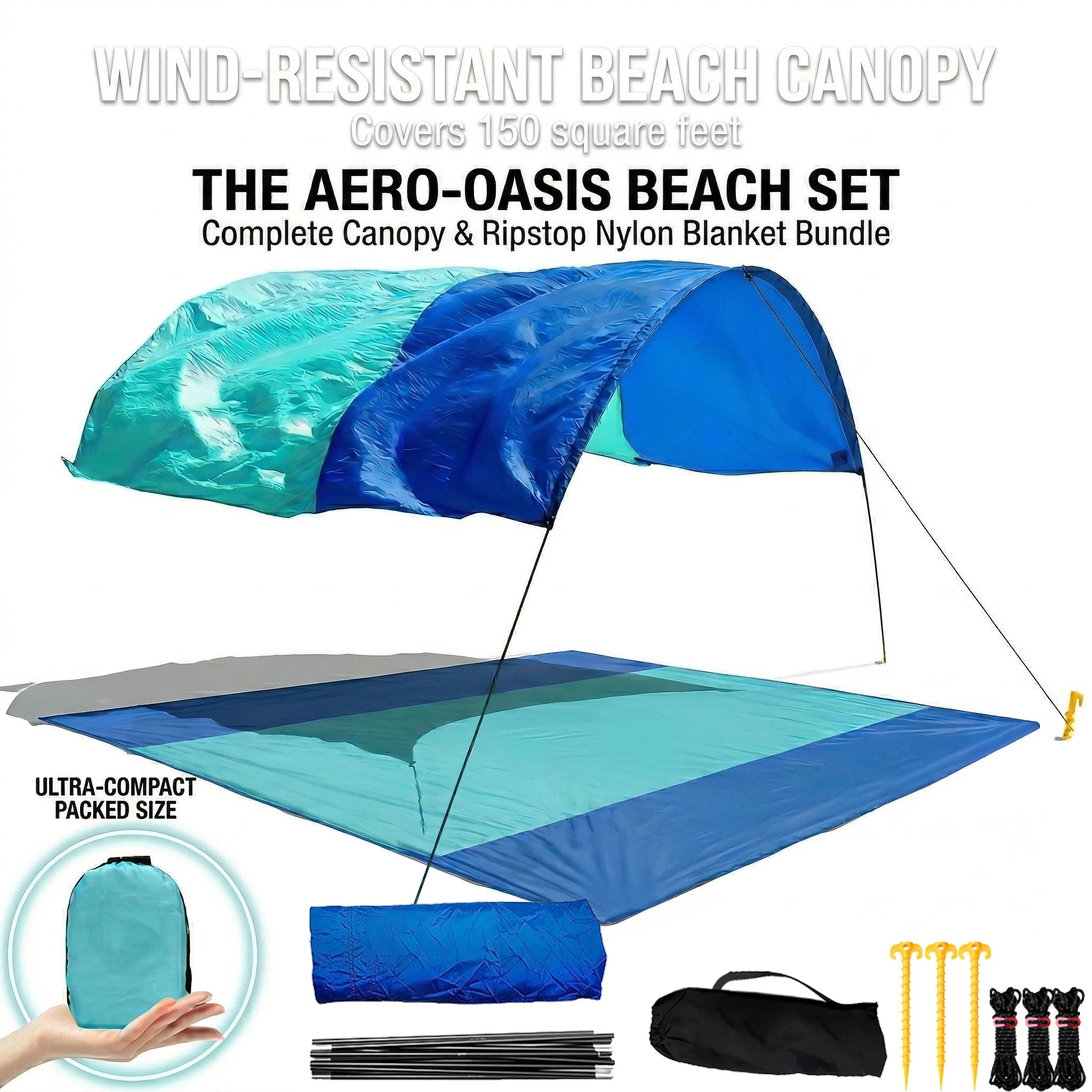 Wind-Resistant Beach Shade Tent 150 sq ft oversized canopy with sand anchors 4 lb ultralightweight UPF 50+ sun protection tent Trekker Essentials