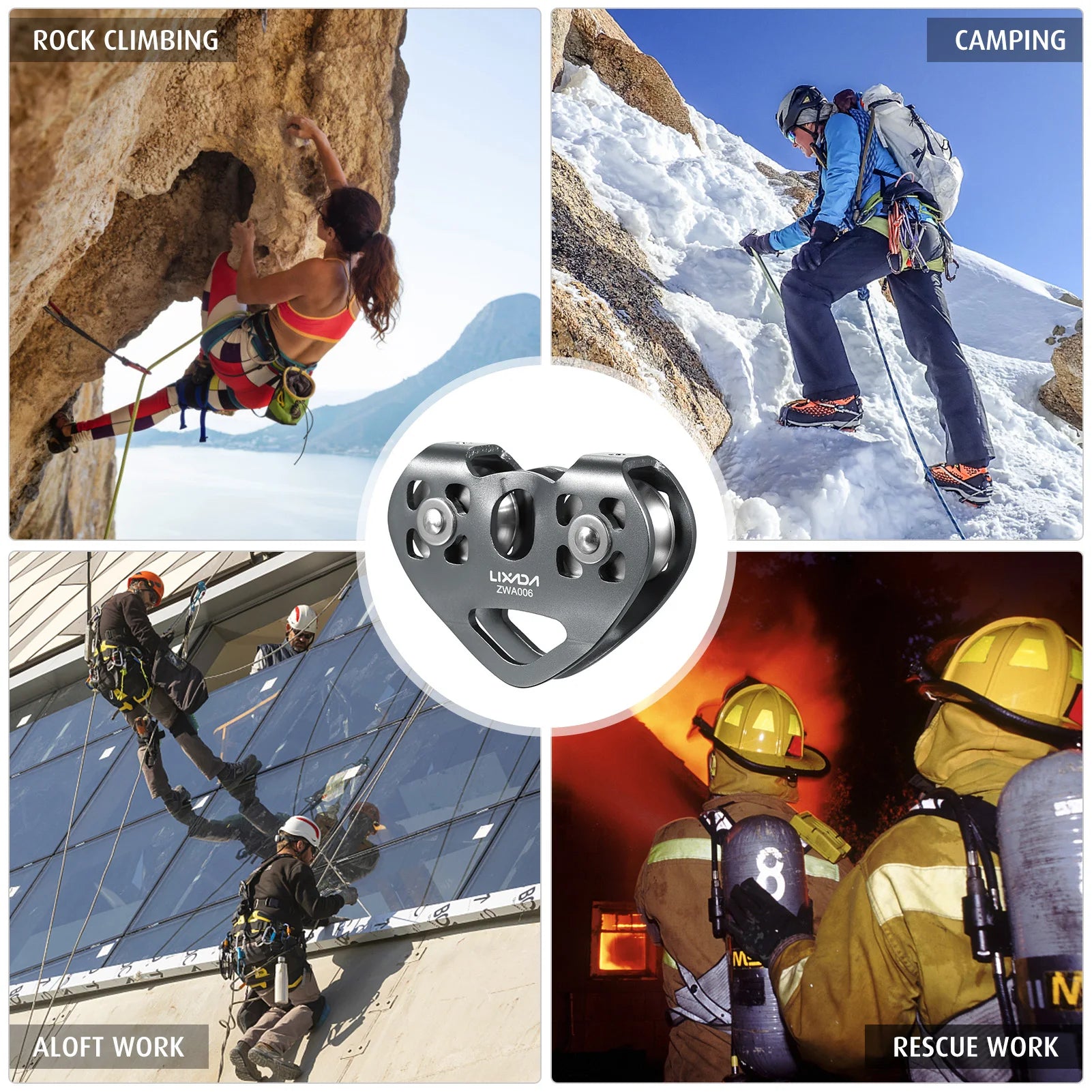 Polea de escalada de alta resistencia de 30 kN: carro de cable de aleación de aluminio con rodamiento de bolas para escalada en roca/hielo, espeleología y rescate.