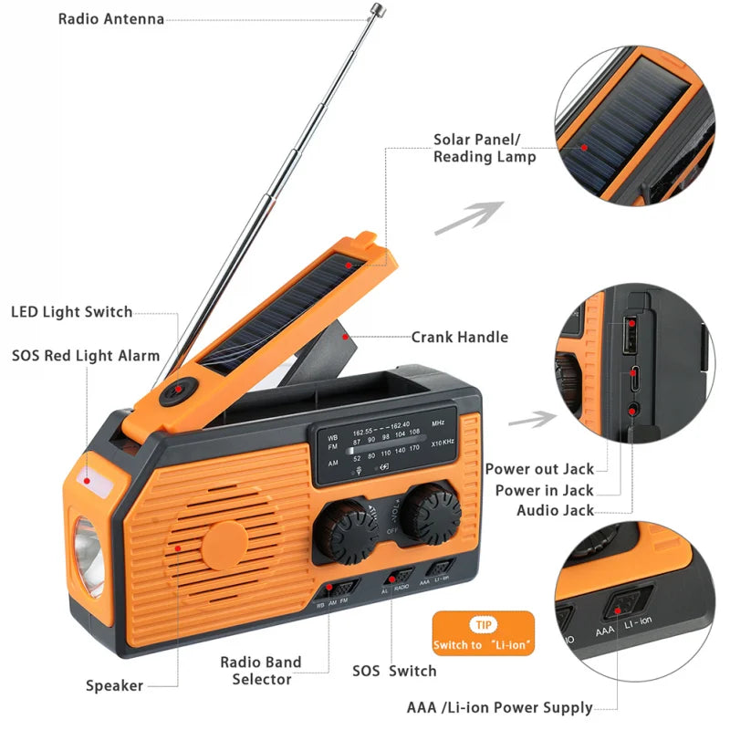 Radio solar FM, AM, WB, NOAA, batería externa meteorológica de emergencia de 5000 mA, manivela, carga USB, radio multifuncional, linterna LED