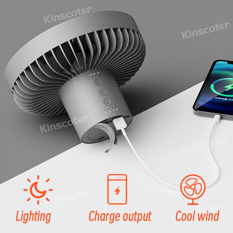 10000mAh Camping Fan Rechargeable Desktop Portable Air Circulator Wireless Ceiling Electric Fan with Power Bank LED Light Tripod Trekker Essentials