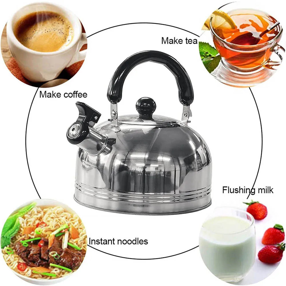 2L Stainless Steel Whistling Kettle with Foldable Handle for Camping and Stove Use