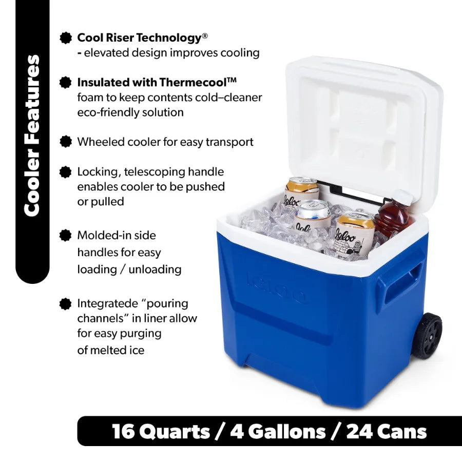 16 QT Laguna Hard Side Ice Chest Cooler with Wheels for Outdoor Camping, Picnic, Tailgating Blue, UV-Resistant Shell, Heavy-Dut