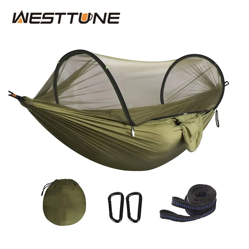 WESTTUNE 3 in 1 Camping Hammock with Mosquito Mesh Automatic Quick Opening Nylon Hammock Anti-Mosquito Hammock for Outdoor Trekker Essentials