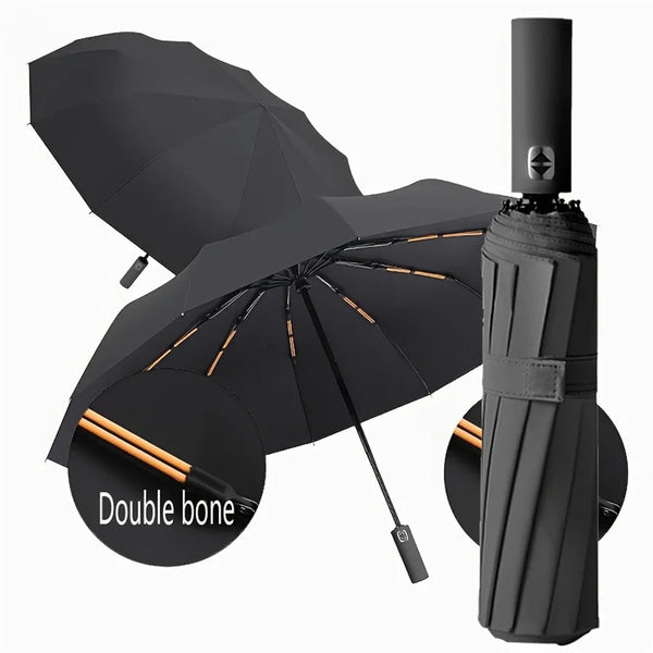 12-Bone Auto-Open UV & Rain Folding Umbrella – Black Coated Compact Trekker Essentials