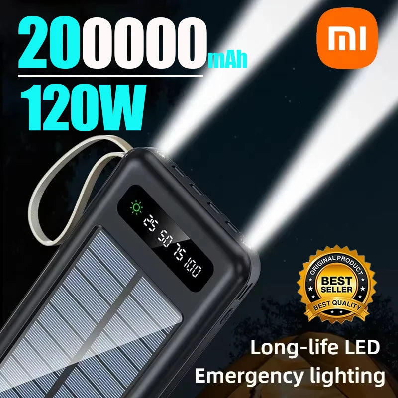 200000mAh Solar Power Bank – Ultra High Capacity Fast Charging Portable Charger with Built-in Cables & LED Light Trekker Essentials