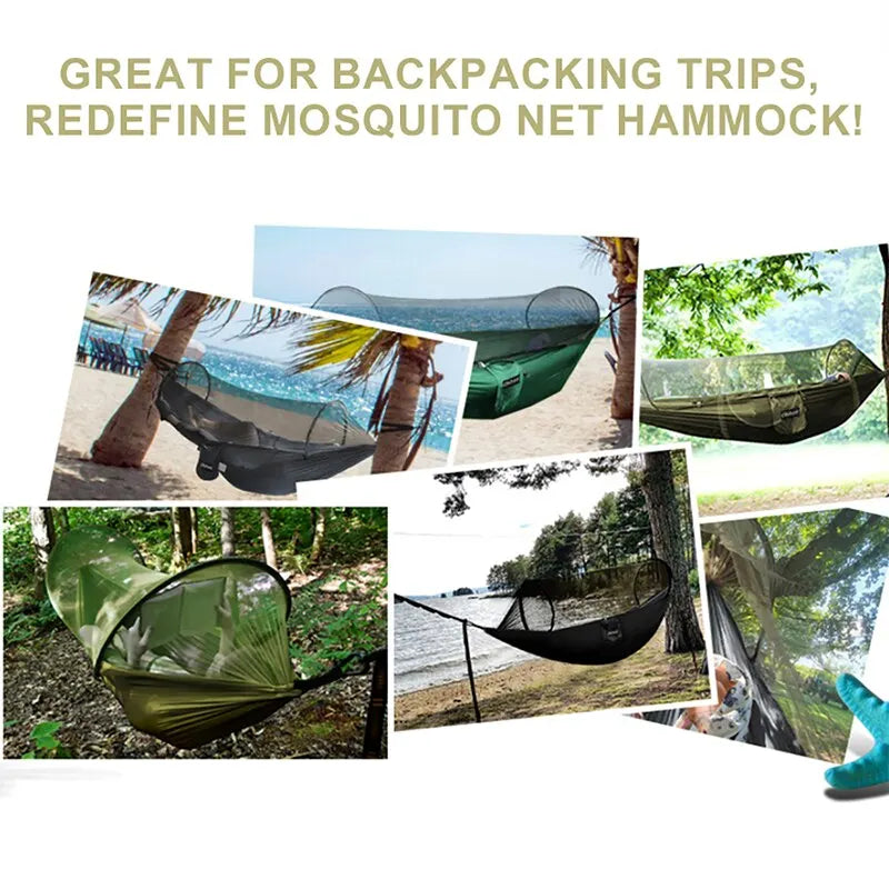 WESTTUNE 3 in 1 Camping Hammock with Mosquito Mesh Automatic Quick Opening Nylon Hammock Anti-Mosquito Hammock for Outdoor Trekker Essentials