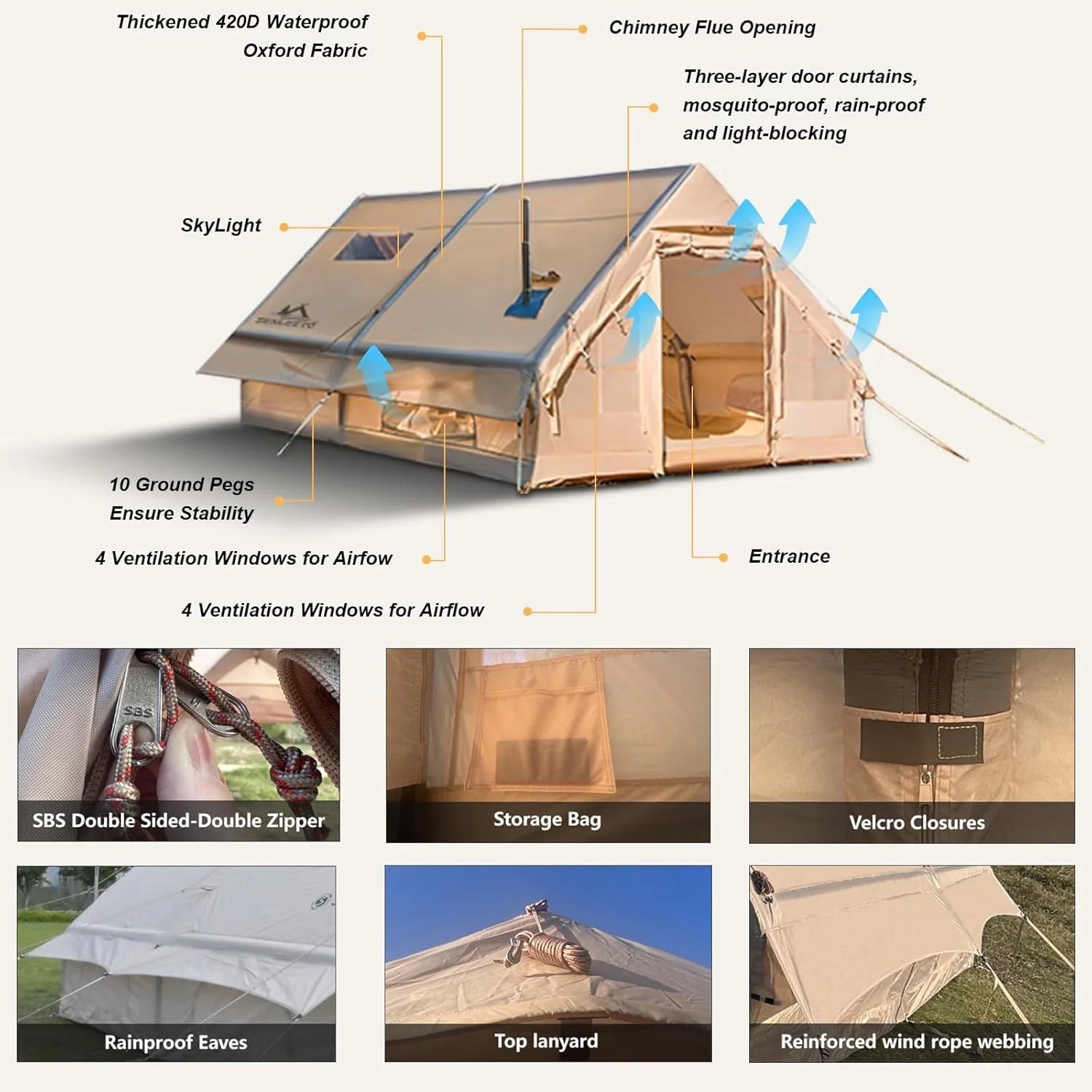 Portable Inflatable Camping Tent 2/4/6/8 Person for Family 420D Oxford Inflatable Tent House with Skylight 4 Seson Blow up Tent with Stove Jack AC Vent Mesh Window Trekker Essentials
