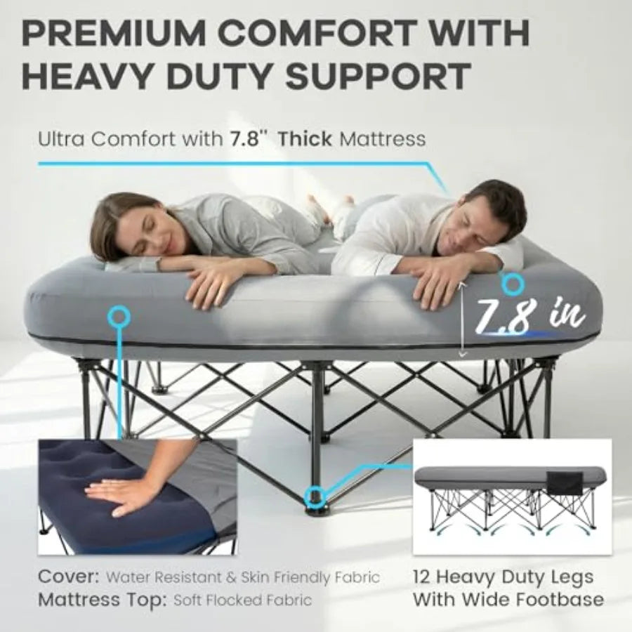 Queen Camping Cot with Electric Pump 2 Person Inflatable Air Mattress with Folding Frame Portable Camping Bed with Cup Holders