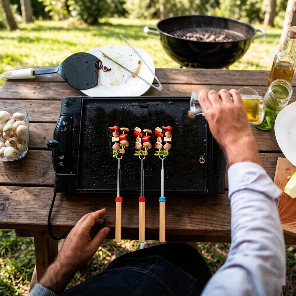 Telescopic Marshmallow Roasting Sticks, Extendable Stainless Steel BBQ Forks with Wooden Handles for Outdoor Camp Campfire Trekker Essentials