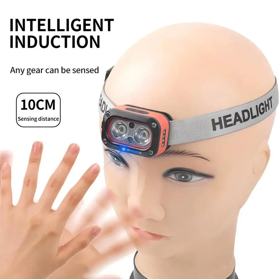 Rechargeable Motion Sensor Headlamp - 45° Adjustable Hands-Free Light for Camping, Hiking & Fishing
