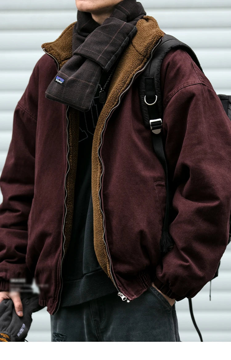 Vintage Polar Fleece Jacket Men's Winter Thick Loose Fit Streetwear Warm Coat