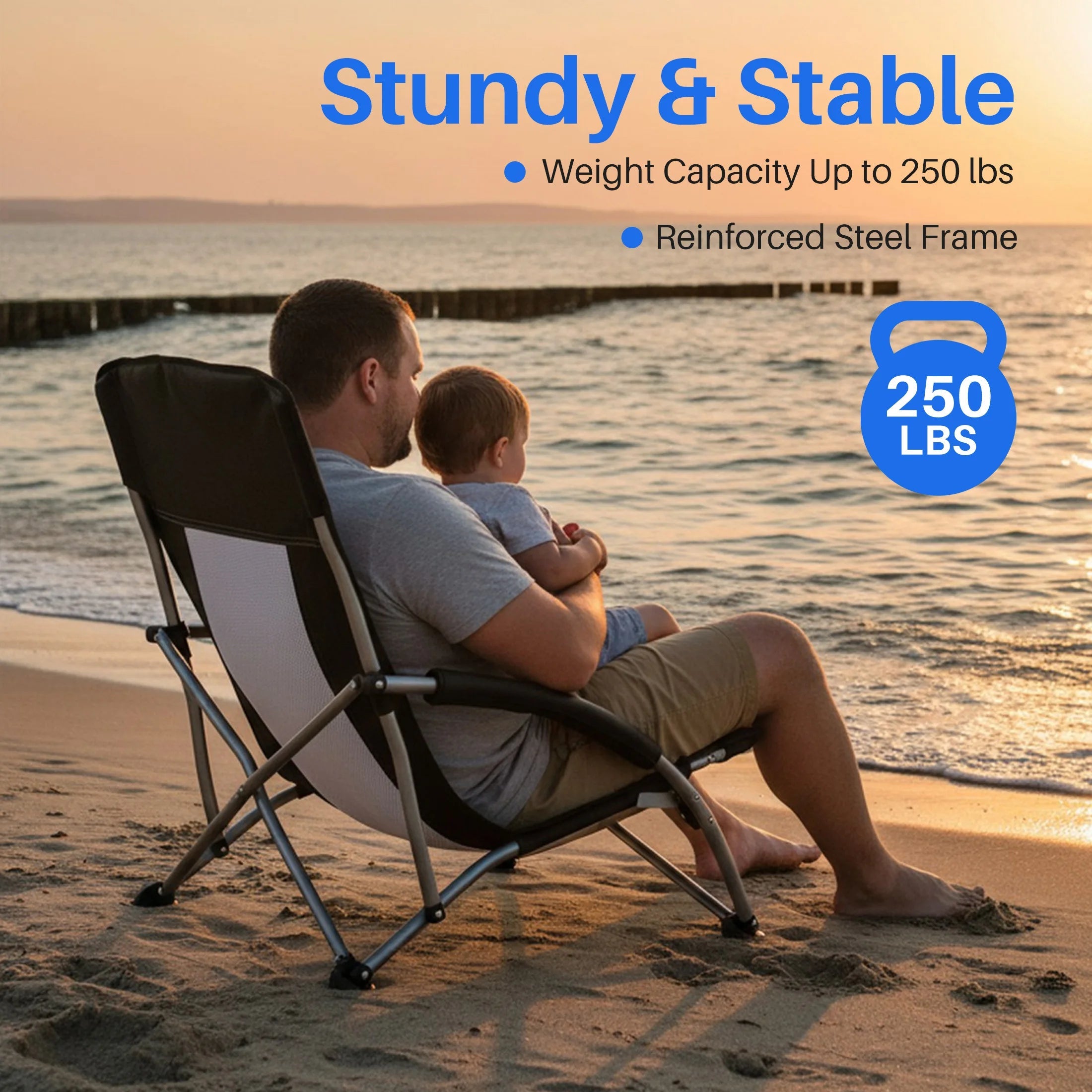 JHK Portable Lightweight Low Camping Beach Chair Mesh Back Padded Armrests Folding Beach Chair with Cup Holder Storage Pocket for Camp Picnic Lawn Trekker Essentials