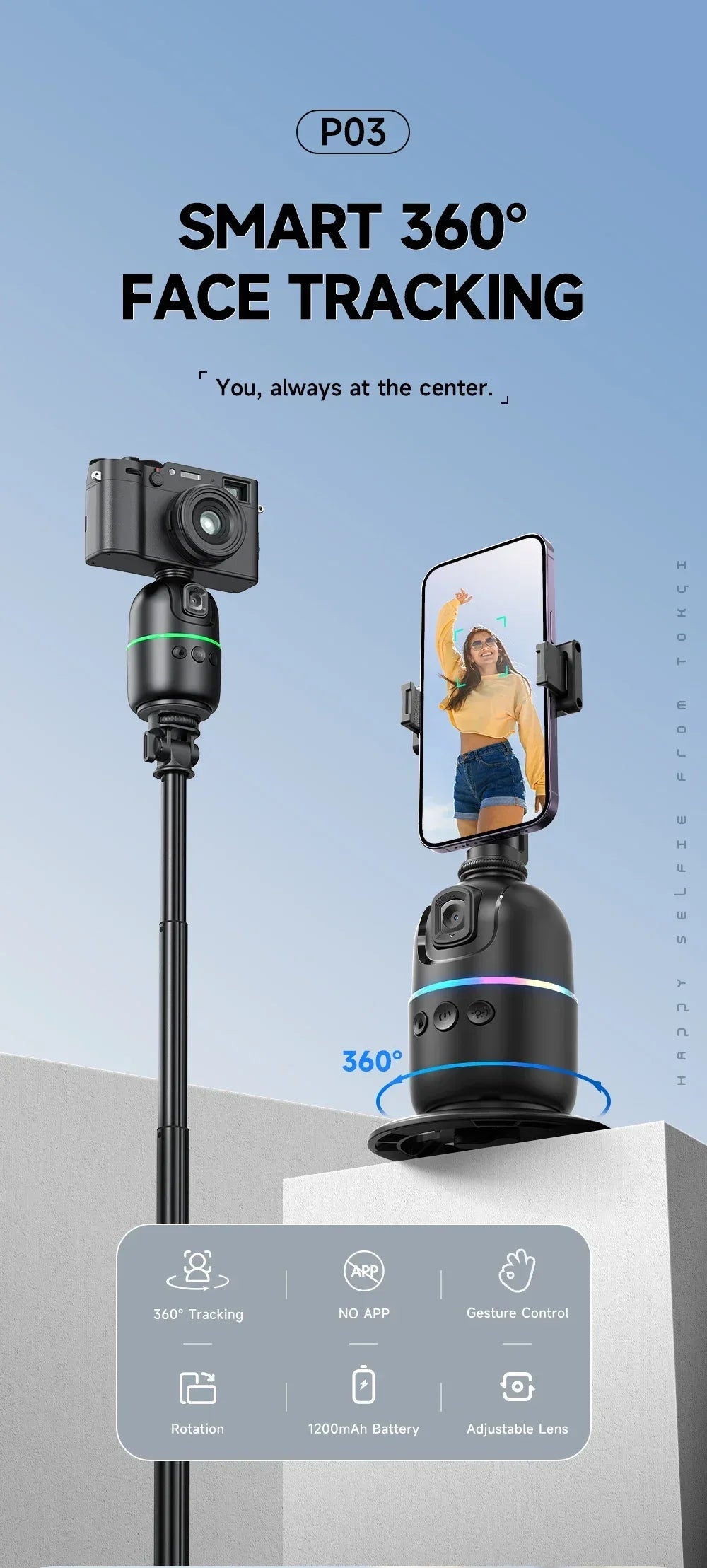 360° Auto Face Tracking Gimbal Tripod with Gesture Control & Remote