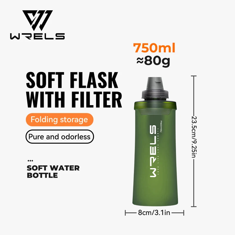 WRELS Soft Water Bottle with Filter Ultralight Collapsible Water Filter Bottle Hydrapak Soft Flask for Hiking Camping Backpack Trekker Essentials