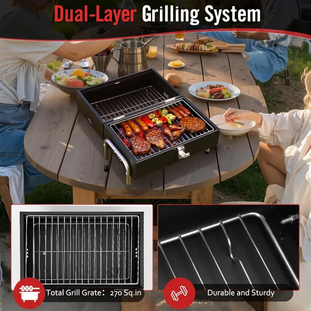 Portable Charcoal Grill, Table Top Small BBQ Grill For Outdoor, Camping, Beach, Easy Assembly, Heavy Duty & Multi-Use Small Gril Trekker Essentials