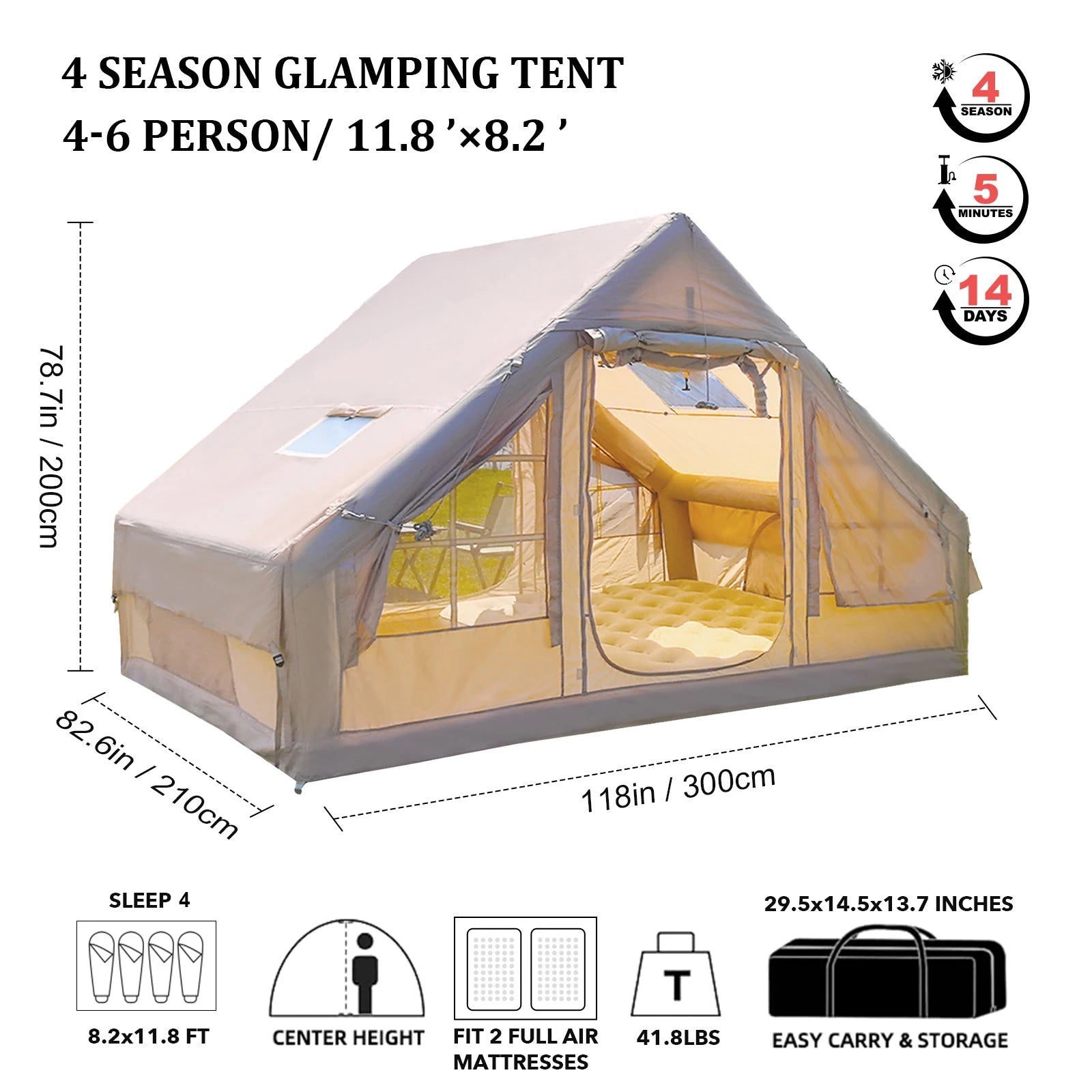 Portable Inflatable Camping Tent 2/4/6/8 Person for Family 420D Oxford Inflatable Tent House with Skylight 4 Seson Blow up Tent with Stove Jack AC Vent Mesh Window Trekker Essentials