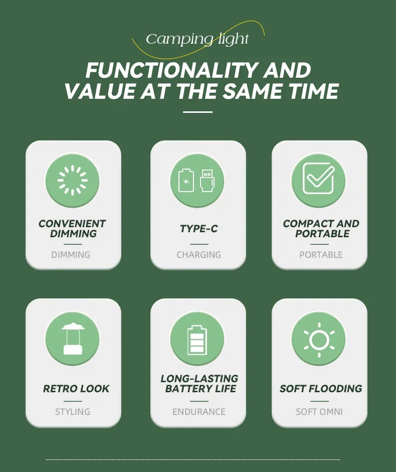 USB & Solar Rechargeable Camping Lantern – Portable LED Tent Light with 3000K–5000K Dimming, Waterproof Outdoor Lamp