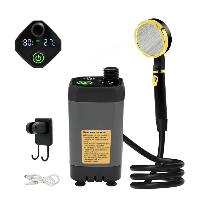 6000mAh Portable Camping Shower Pump Outdoor Shower Kit w/Full Screen Intelligent Digital Display For camping pet bath car wash Trekker Essentials