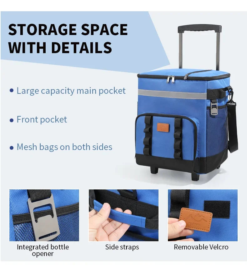 35L Leakproof Soft Cooler Bag with Wheels Large Capacity Insulated Thermal Tote for Picnic Camping Beach Delivery Multi-purpose Trekker Essentials