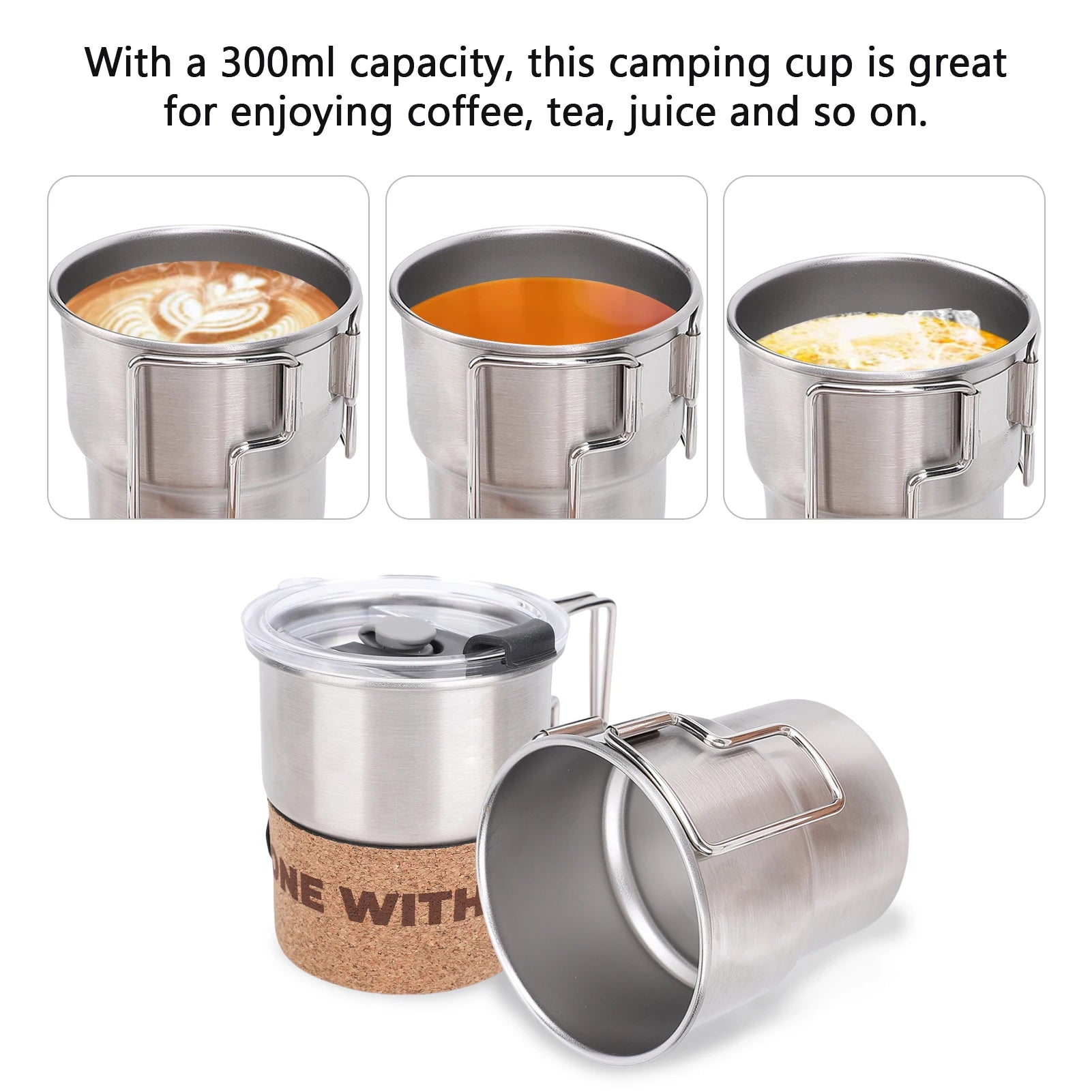 300ml Insulated Stainless Steel Camping Mug with Foldable Handle
