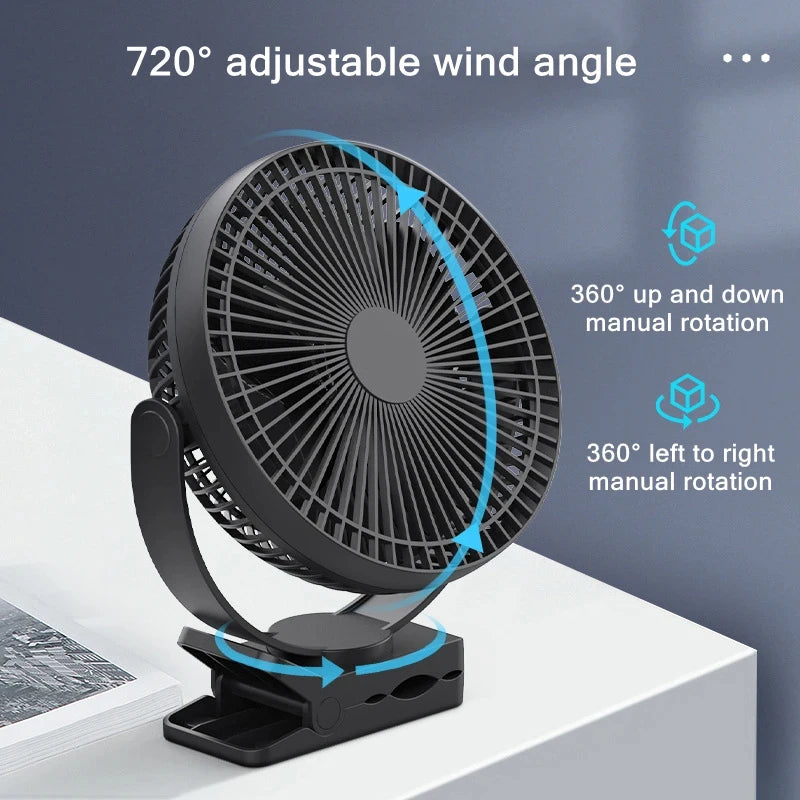 Ventilador de mesa y techo inalámbrico recargable por USB: batería de 10000 mAh y 4 velocidades ajustables.