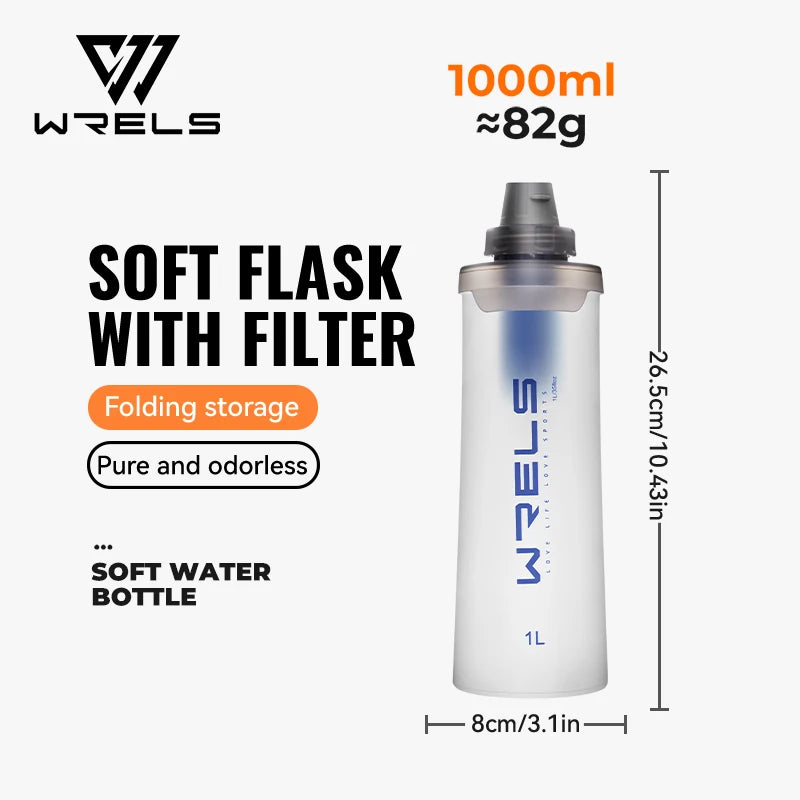 WRELS Soft Water Bottle with Filter Ultralight Collapsible Water Filter Bottle Hydrapak Soft Flask for Hiking Camping Backpack Trekker Essentials