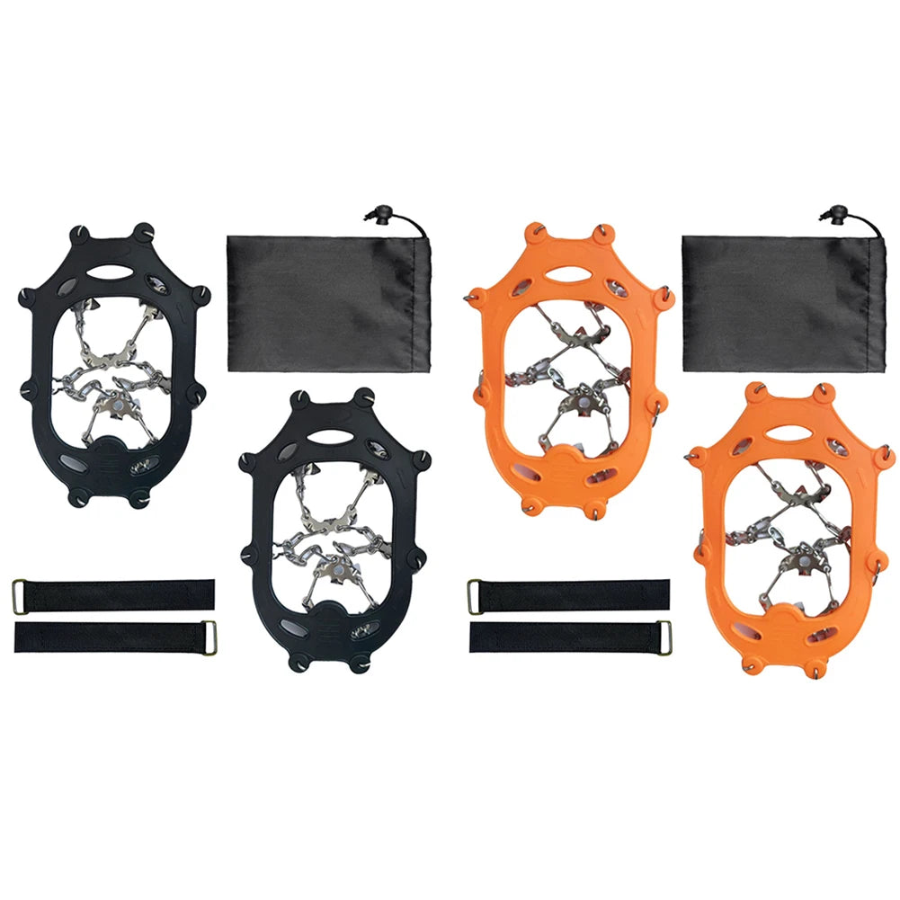 Crampones de hielo de 24 dientes: agarres ligeros de acero inoxidable para nieve con bolsa de transporte para senderismo y running en invierno.