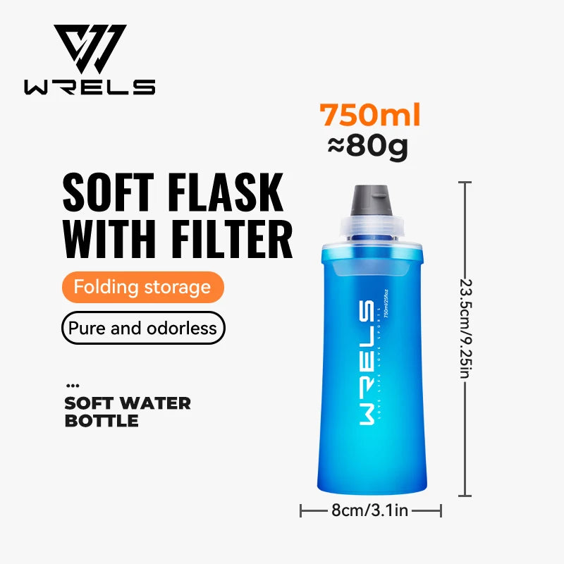 WRELS Soft Water Bottle with Filter Ultralight Collapsible Water Filter Bottle Hydrapak Soft Flask for Hiking Camping Backpack Trekker Essentials