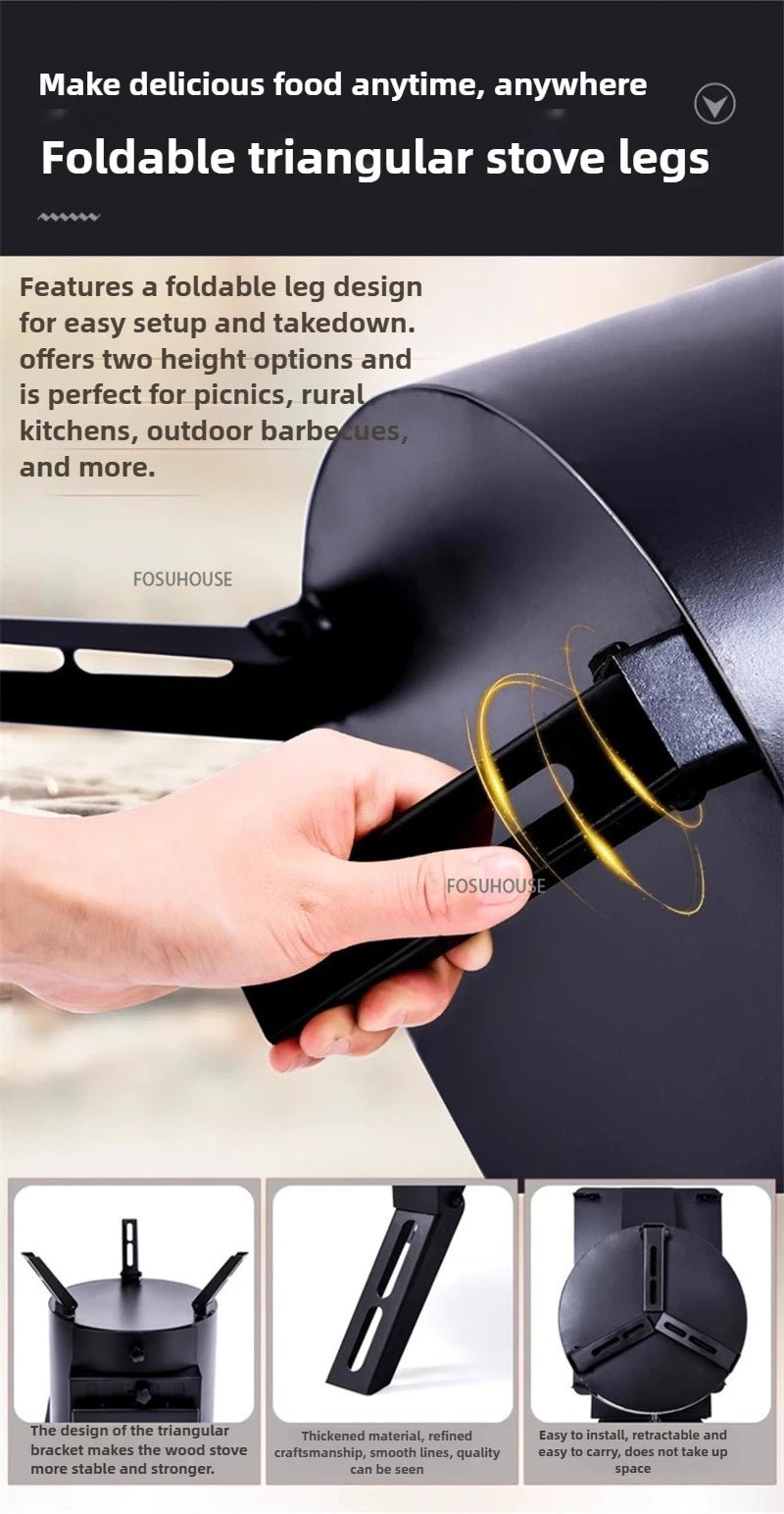 Mobile Wood Burning Heater Stove for Indoor & Outdoor Use - Portable Heating with Cooking Top