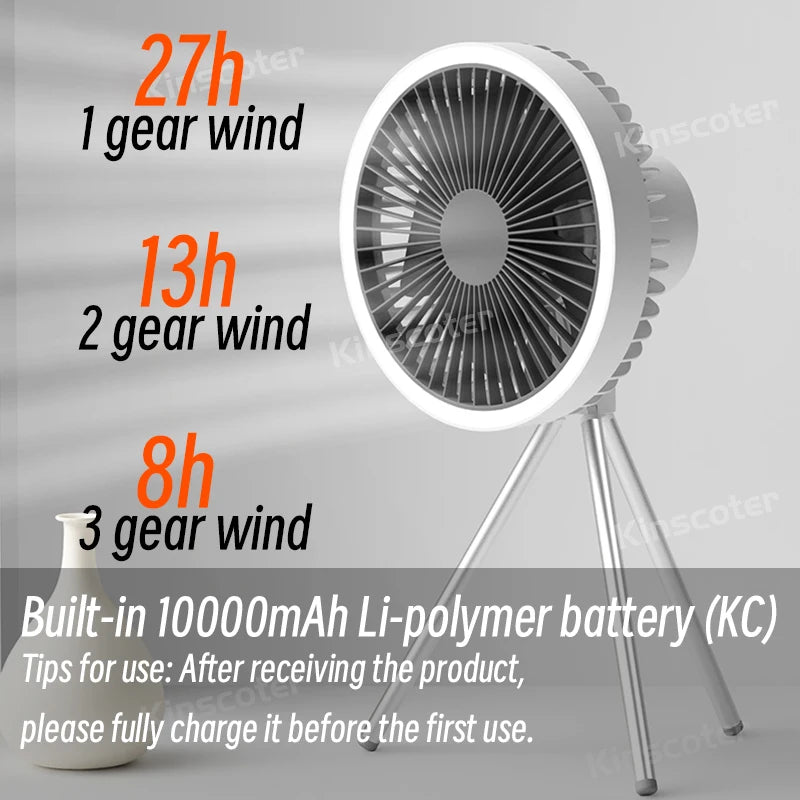 10000mAh Camping Fan Rechargeable Desktop Portable Air Circulator Wireless Ceiling Electric Fan with Power Bank LED Light Tripod Trekker Essentials
