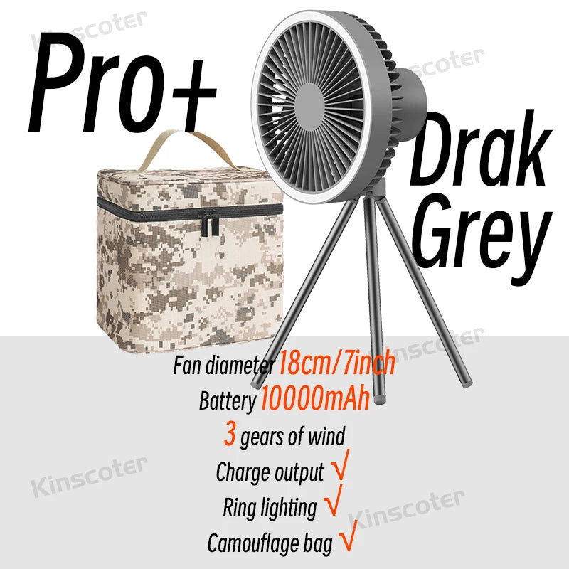 10000mAh Camping Fan Rechargeable Desktop Portable Air Circulator Wireless Ceiling Electric Fan with Power Bank LED Light Tripod Trekker Essentials