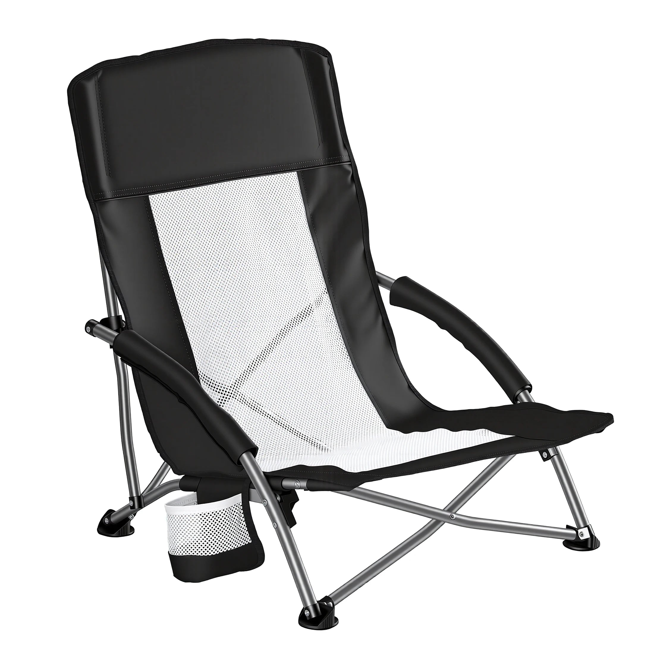 JHK Portable Lightweight Low Camping Beach Chair Mesh Back Padded Armrests Folding Beach Chair with Cup Holder Storage Pocket for Camp Picnic Lawn Trekker Essentials