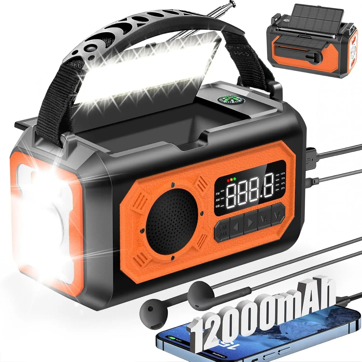 12000mAh Solar Emergency Radio – AM/FM Weather Alert, Hand Crank Power Bank, SOS Alarm & Reading Lamp for Camping, Hiking & Survival
